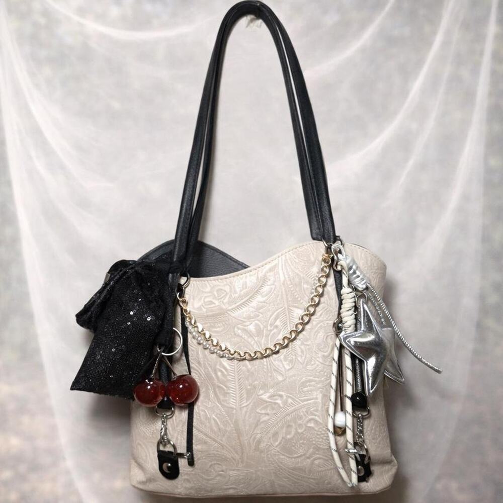 Italian Leather Embossed Floral Tote Bag Vintage Y2K Shoulder Bag